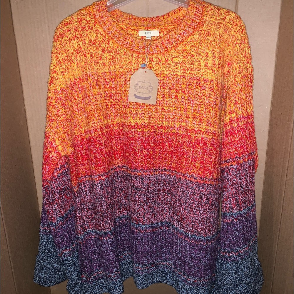 Kori America Rainbow Knit Sweater Small Crew Neck Bell Sleeve Chunky Cozy NWOT